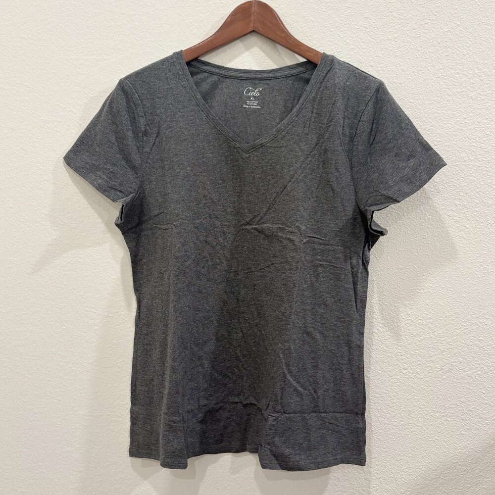 Cielo Charcoal Dark Grey V-Neck Short Sleeve T-Shirt Cotton Blend Women's XL NWT